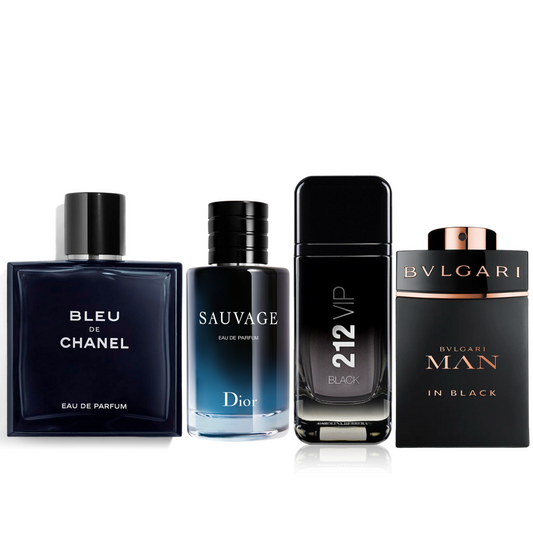 Kit Perfum: Bleu de Chanel – Sauvage – 212 VIP Black – Bvlgari Man in Black